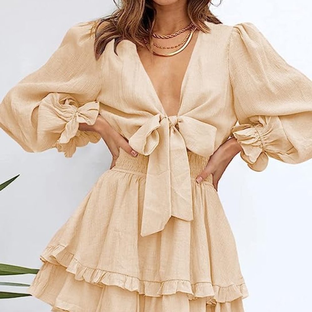 Deep V Neck Ruffle  Mini Dresses
